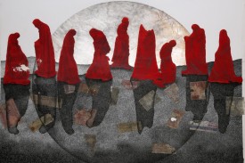 nine covered human forms with red sheets in a neutral white and gray back ground
